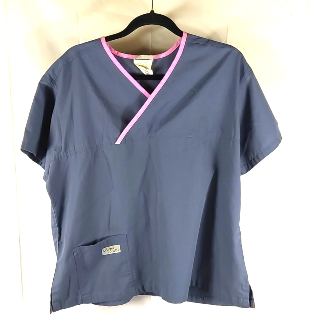 Vintage Urban Scrub Women's Top Size X Large Gray Pink Pipping Cotton Blend